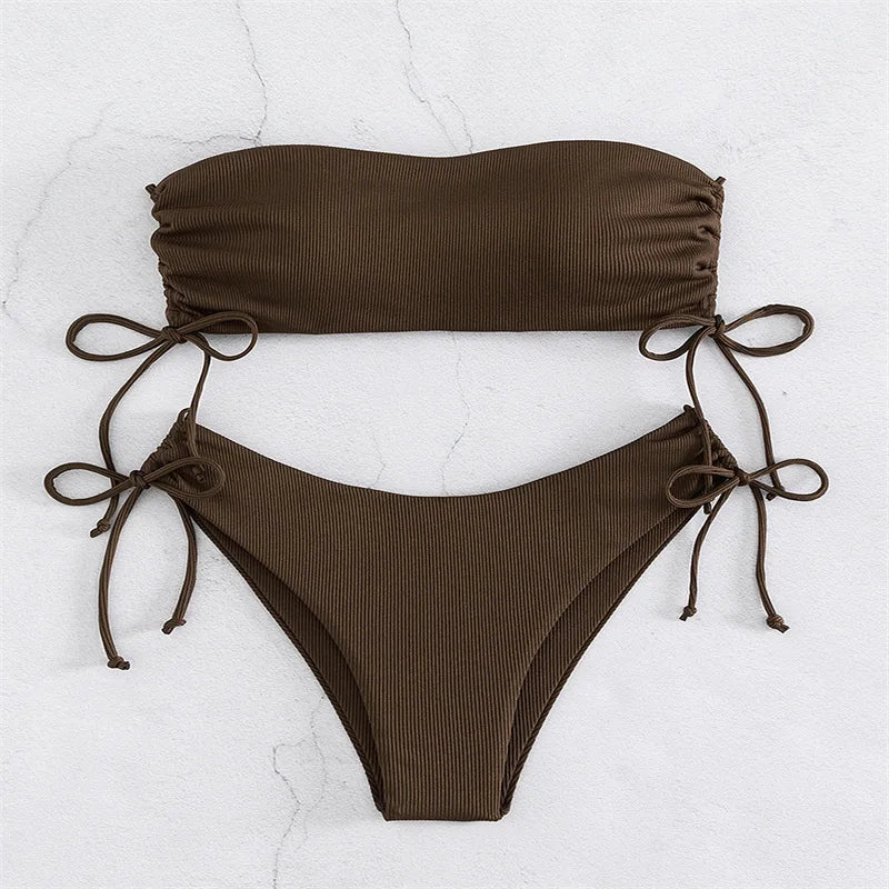 UETEEY 2025 New Summer Swimwear Bikinis Set Sexy Strapless Bikini 2 Piece Set Women Solid Split Swimsuit Backless Beach Bikini