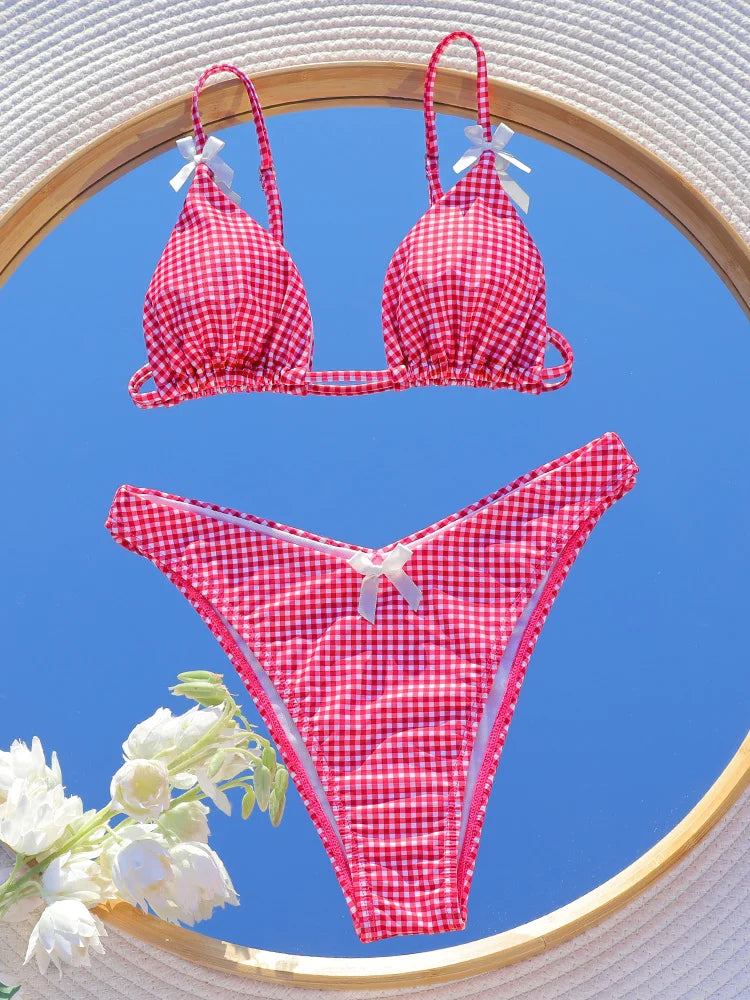 Plaid Print Bikinis Bow Swimwear Women Swimsuit Triangle Bikini Set Bandage Bath Suit Low Waist Thong Beachwear New Biquini