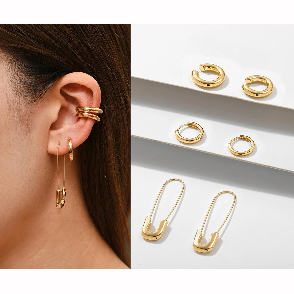 Punk Rock Helix Fake Cartilage Ear Cuff with Long Chain Circle Hoop Earrings Set for Women Tiny Piercing Huggie Earring Jewelry