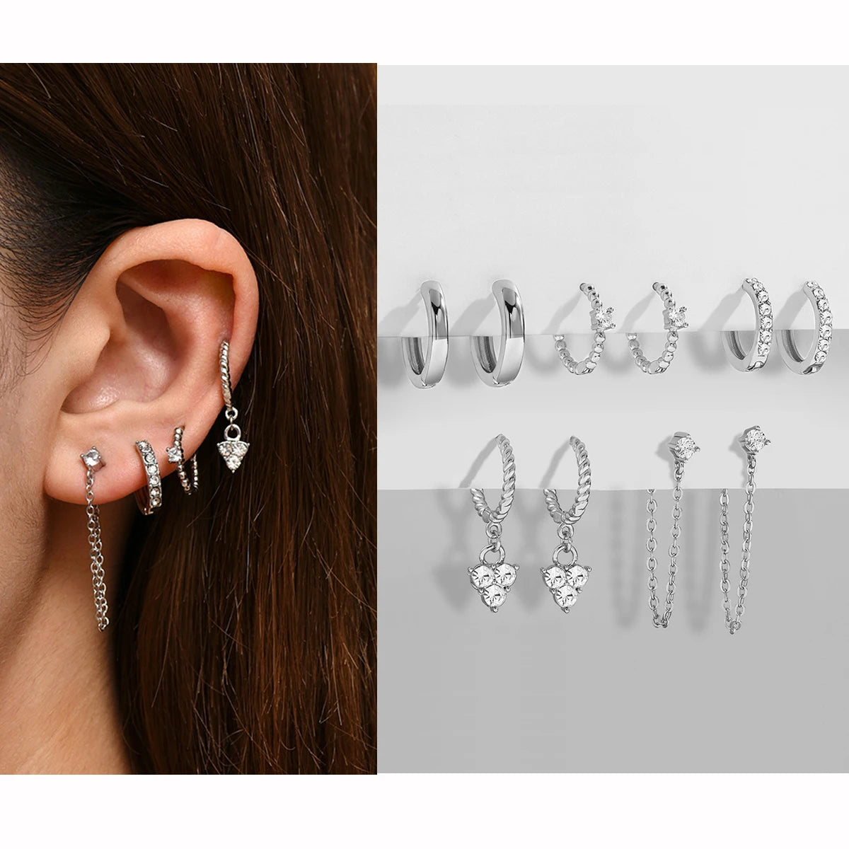Punk Rock Helix Fake Cartilage Ear Cuff with Long Chain Circle Hoop Earrings Set for Women Tiny Piercing Huggie Earring Jewelry