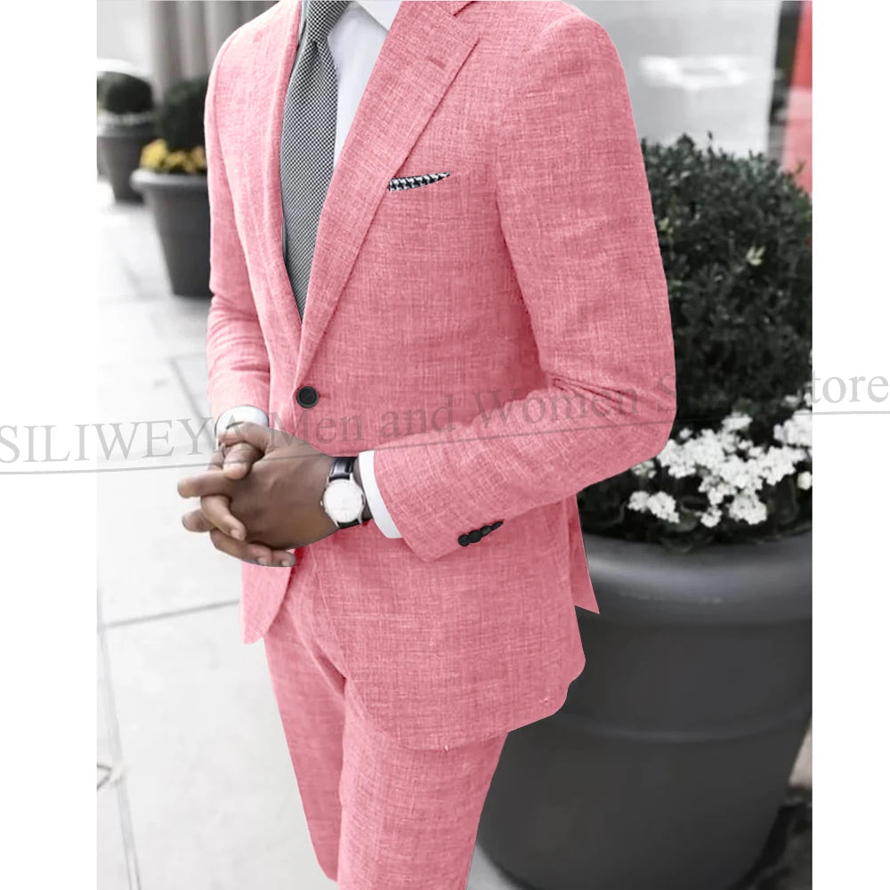 2025 Dark Gray Linen Men's Suit Bridegroom Tuxedo Tailor-Made Wedding Custom Single Breasted Male Blazer 2 pcs(Jacket+pants)