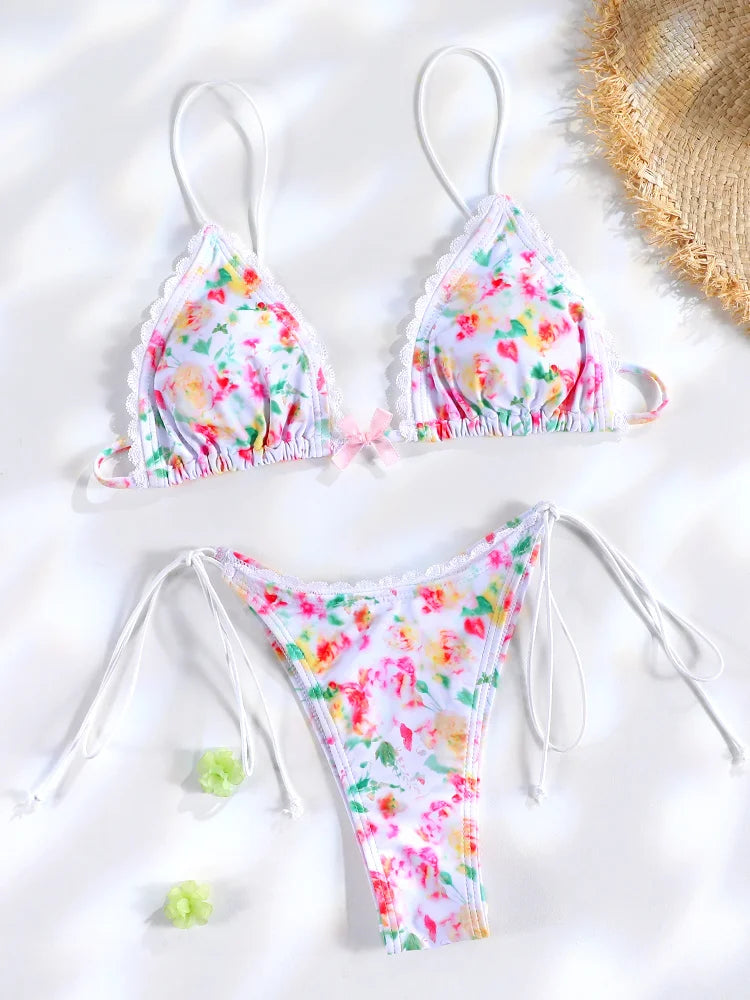 Plaid Print Bikinis Bow Swimwear Women Swimsuit Triangle Bikini Set Bandage Bath Suit Low Waist Thong Beachwear New Biquini