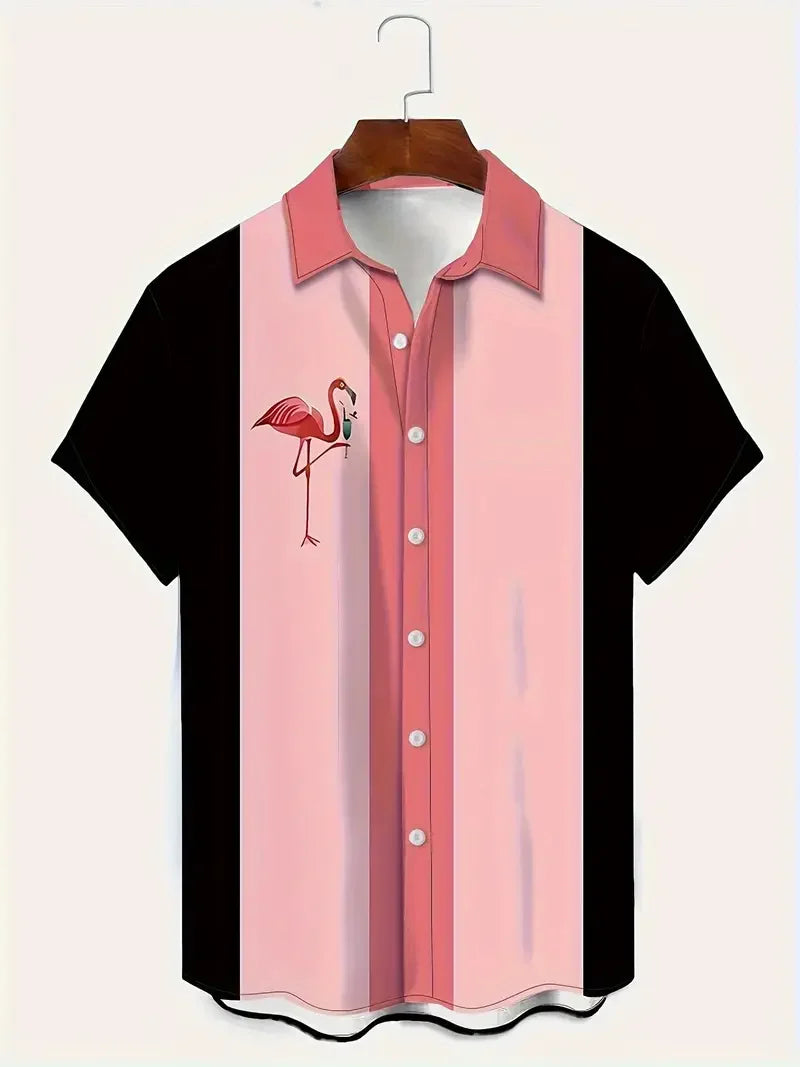 Summer Hawaiian Flamingo Print Men's Funny Short Sleeved Women's Blouses Beach Shirts Lapel Casual Button Shirt Men Clothes