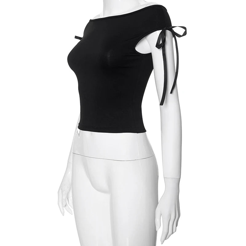 CUTENOVA 2024 Summer Solid Color Sexy Off Shoulder Tops Lace Up Sleeveless T-Shirt Casual Slim Crop Top Black Short Sleeve Wome