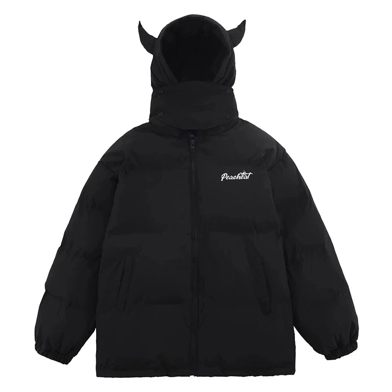 Cotton-Padded Hip Hop Parkas Men Devil Horns Winter Hooded Down Jacket Retro Y2K Thicken Puffer High Street Loose Bubbles Coats