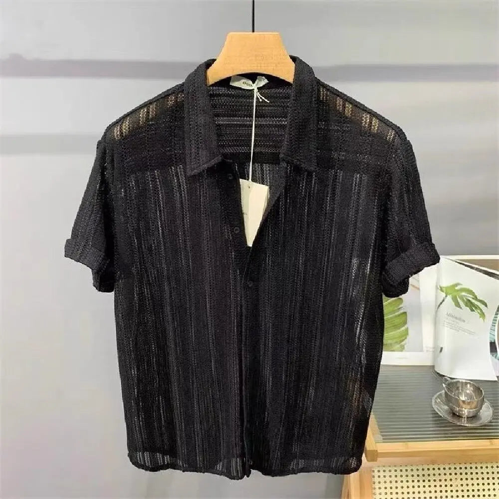 New High-End Hollow Design Men's Summer Thin Short-Sleeve Shirt - Lapel Casual Top