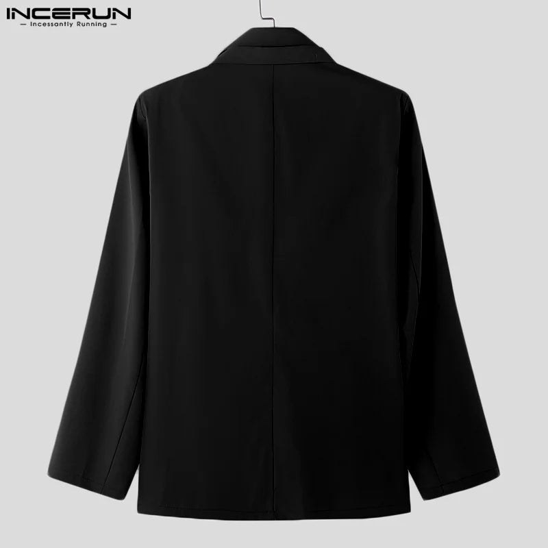 INCERUN Korean Fashion Men Blazer Casual Long Sleeve Solid Tops Pocket Button Steetwear Male Outfits Well Fitting Vintage Coats