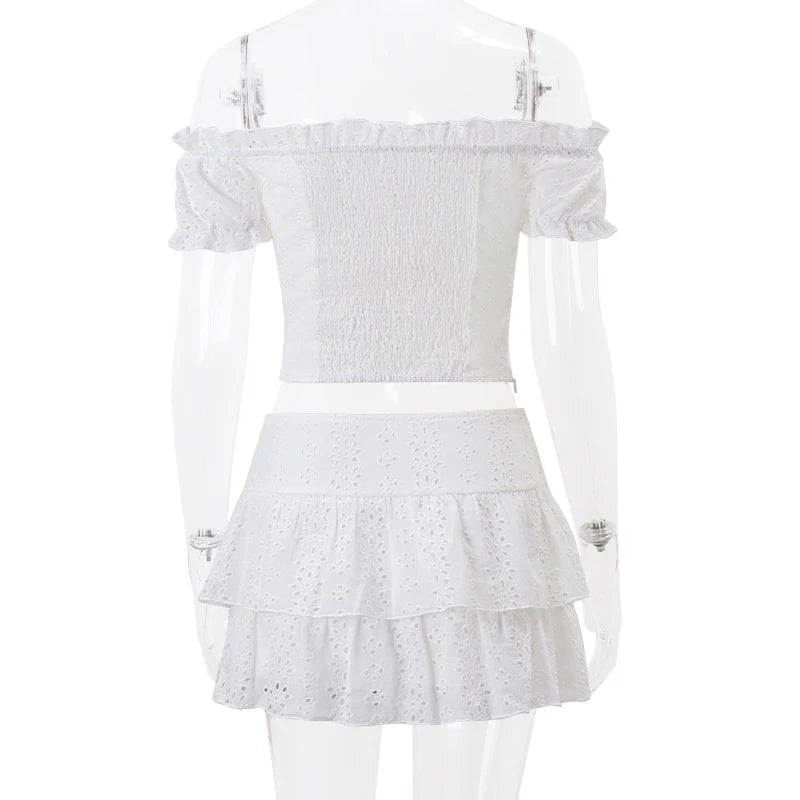 WhereMery Leisure Aesthetics Y2K Slim Two Piece Puff Sleeve Crop Top Ruffled Mini Skirt High Street Party Set Summer Basics 2024