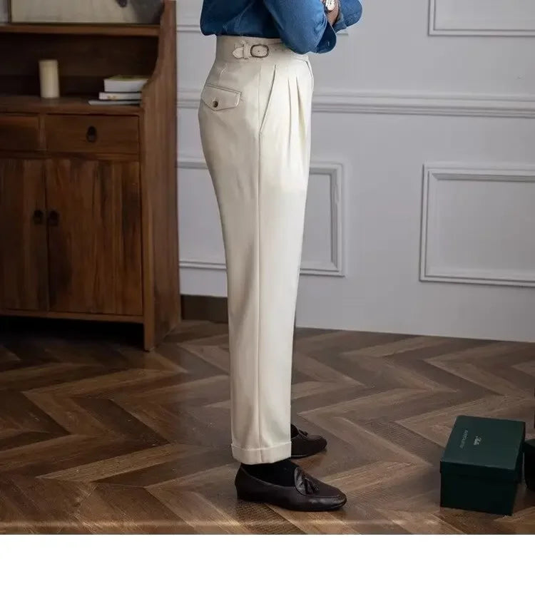 High-waisted Casual Straight-leg Suit Pants For Men Autumn Vintage Draped Waist Trousers Naples Retro Style Business Formal Wear