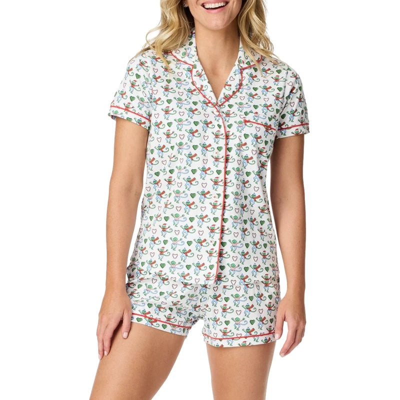 Kawaii Cartoon Print Lounge Pajama Sleepwear Women Short Sleeve Blouse Shirt Top + Shorts Y2K Vintage Comfy 2 Piece Set Outfits