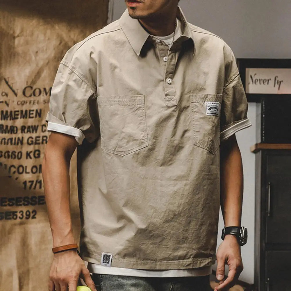 Man Shirts Summer Cargo Shirt American Retro Loose Short Sleeves Lapel Men Tops Work Shirt Multi Pockets Half Sleeve Casual Tops