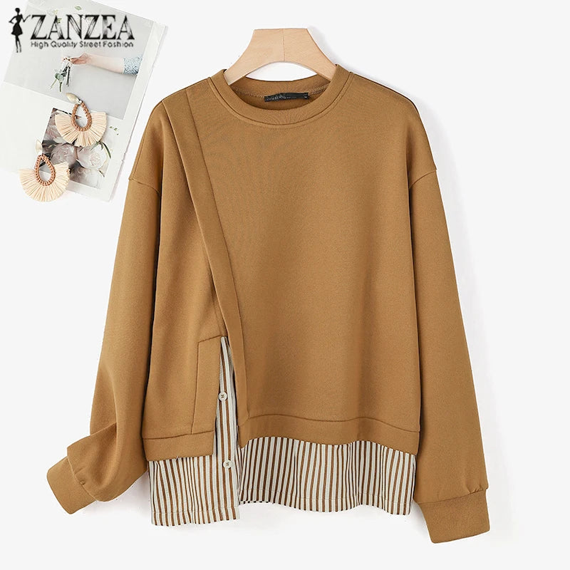 ZANZEA Women Long Sleeve Hoodies 2024 Autumn Fake Two Piece O-Neck Sweatshirt Fashion Loose Stripes Splicing Front Slit Pullover