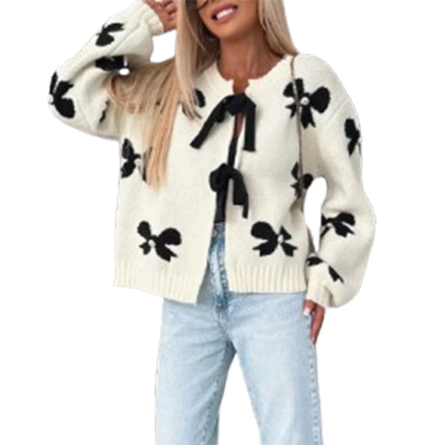 Combhasaki Women's Autumn Y2K Elegant Sweater Cardigan Lantern Long Sleeve Bow Print Pearl Decor Tied Split Front Knitwear Tops