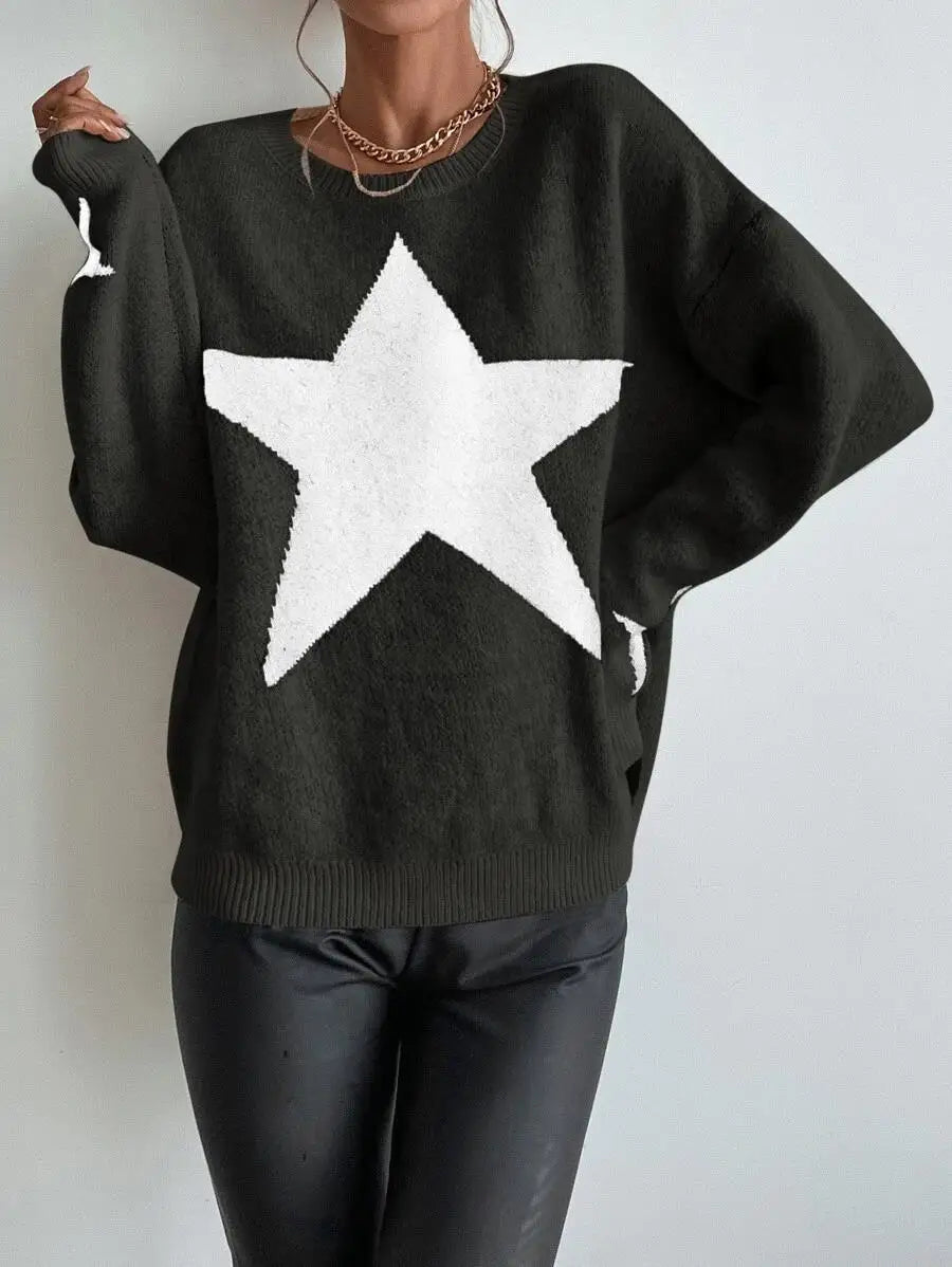 Star Sweater Pullover Women Autumn Spring Simple Knit Elastic Pullovers Jumper Casual Thick Warm Black White Basic Jumpers