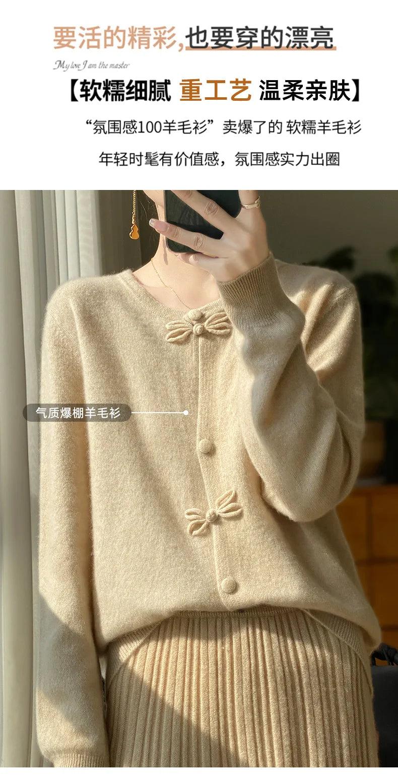 Women New Fashion Autumn Winter 100% Merino Wool Sweater O-neck Chinese Style Buckle Cardigan Soft Knitwear Female Clothing Tops