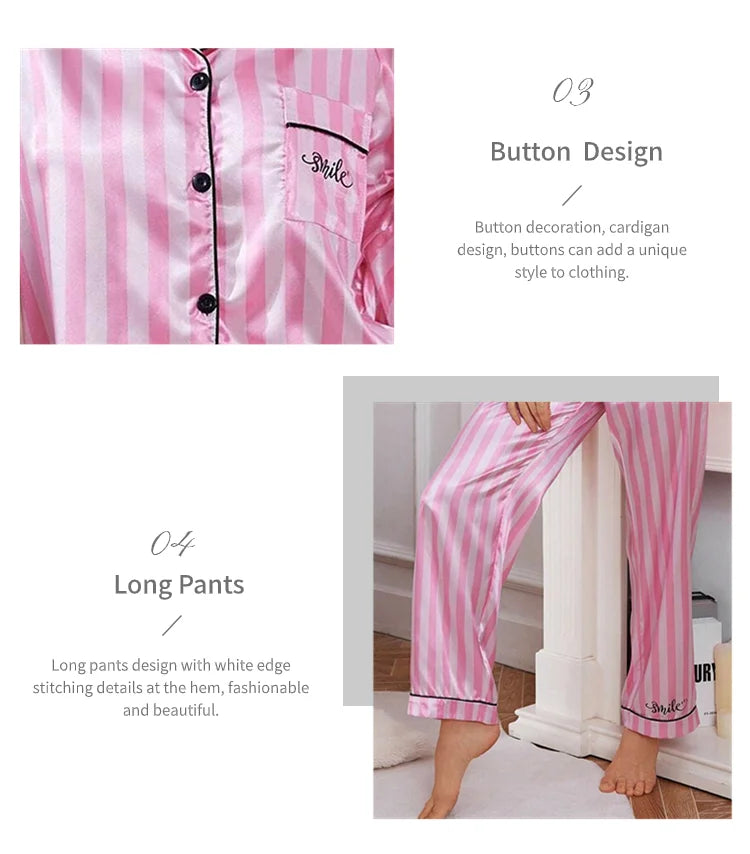 Women Stripe Print Satin Pajama Victoria Autumn Long Sleeve Buttons Lapel Tops & Pants Sleepwear Comfort Relaxed Fit Nightwear