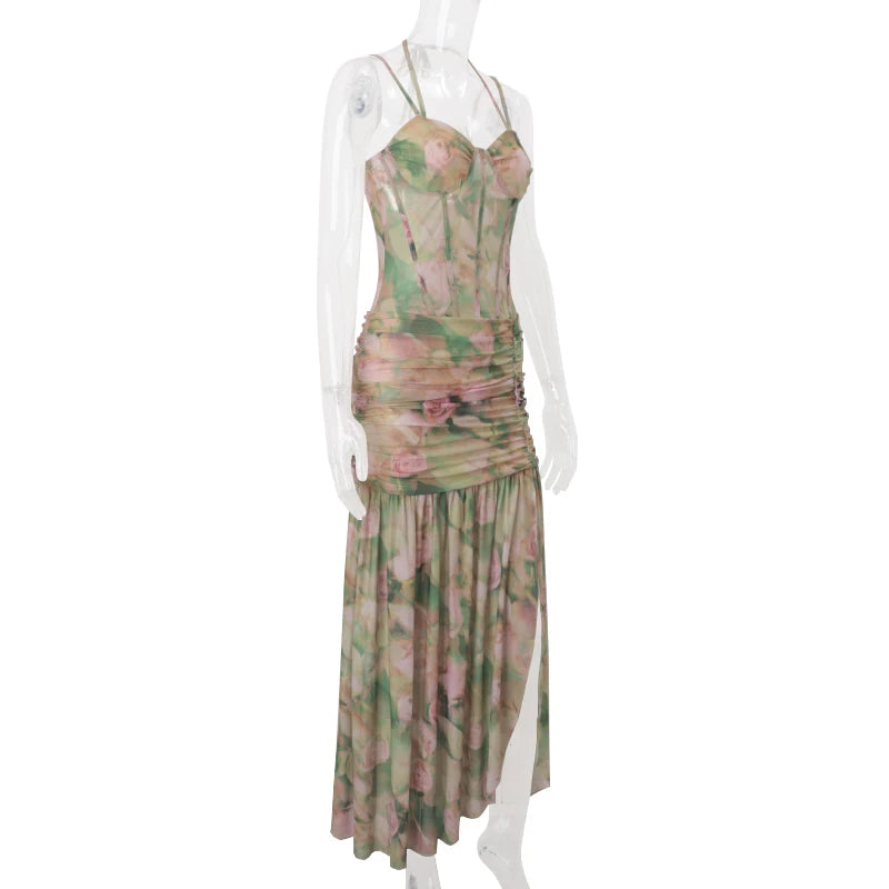 Candyhot Sexy High Waist Split Floral Print Bodycon Spaghetti Strap Dress Summer Fashion Party Vacation Beach New Women Vestidos