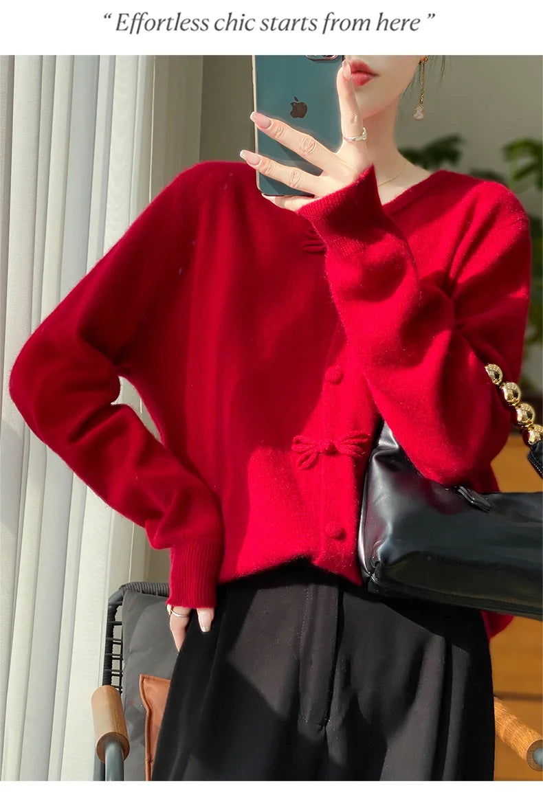Women New Fashion Autumn Winter 100% Merino Wool Sweater O-neck Chinese Style Buckle Cardigan Soft Knitwear Female Clothing Tops