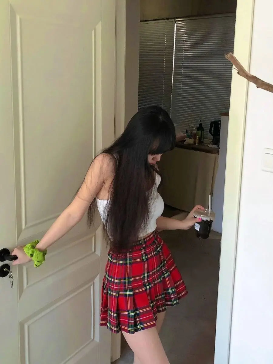 Plaid Pleated Mini Skirts for Women Casual Simple Korean Fashion Preppy Style Vintage Chic High Waist Faldas Hotsweet All-match