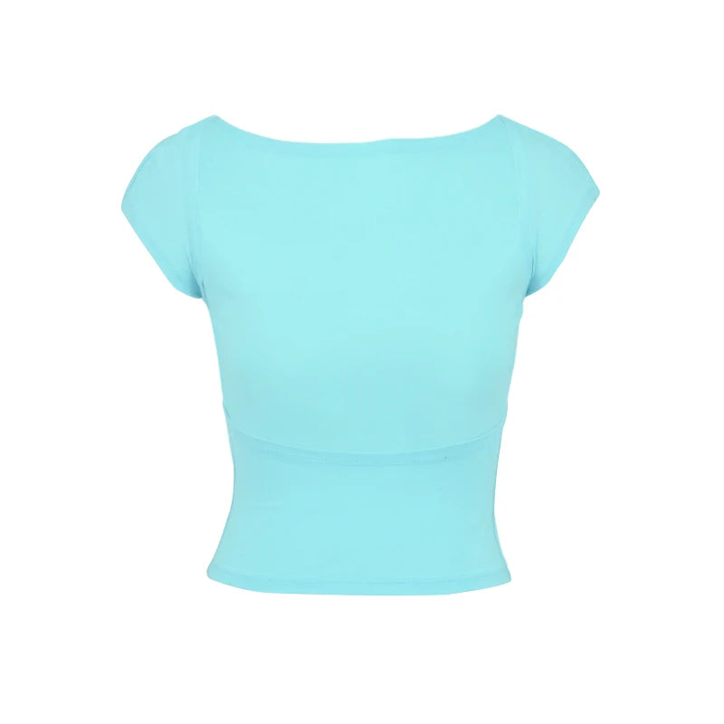 Sexy Backless Black T-shirts Women Short Sleeve Solid O-Neck Fashion Summer New Tees Clubwear Streetwear Casual Slim Crop Top
