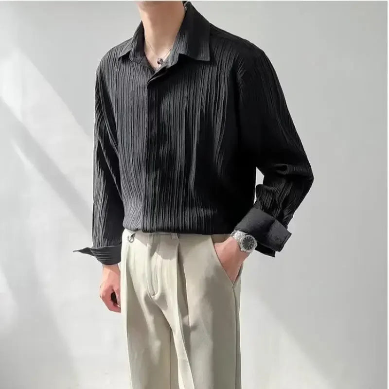 Trendy Stylish Striped No-iron Shirt Autumn Texture Top Korean Version Loose-fit Casual Long Sleeves Shirt For Men