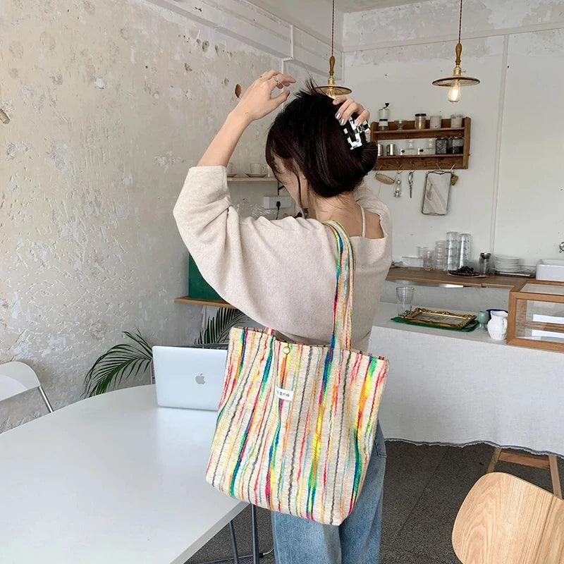 JIOMAY Handbags for Women 2024 Designer Beach Bag Casual with Buckle Cute Tote Bags Stripes Shopper Rainbow Canvas Shoulder Bag