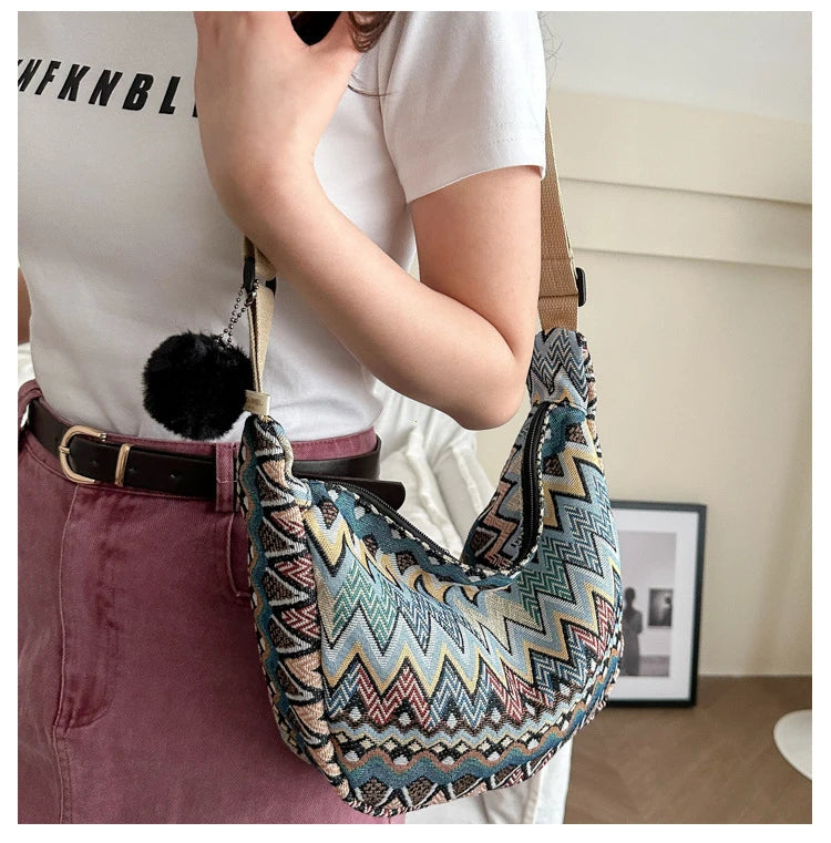 Wave Pattern Design Crossbody Bag for Women New Large Capacity Canvas Shoulder Bag Versatile College Students Dumplings Bag
