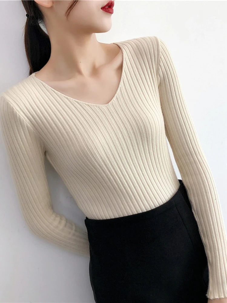 2025 V Neck Women Autumn Winter Sweaters Slim Knitted Pullovers Soft Warm Solid Jumper Female Sweater Casual Knitwear Jersey Top