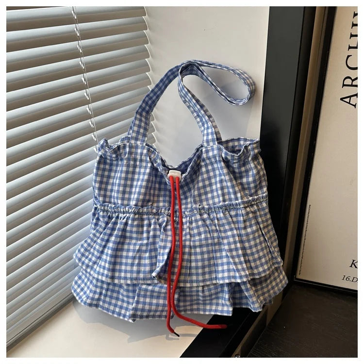 Korean Sle Large Capaci Canvas Tote Bag Blue Plaid Single oulder Skirt Pleated Gown Bag Faionable Casual Handbag