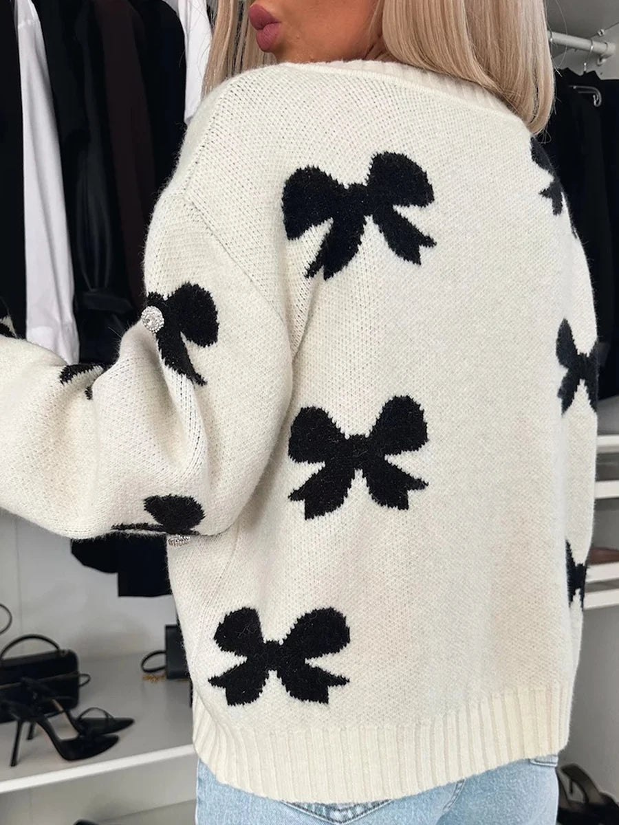 Combhasaki Women's Autumn Y2K Elegant Sweater Cardigan Lantern Long Sleeve Bow Print Pearl Decor Tied Split Front Knitwear Tops