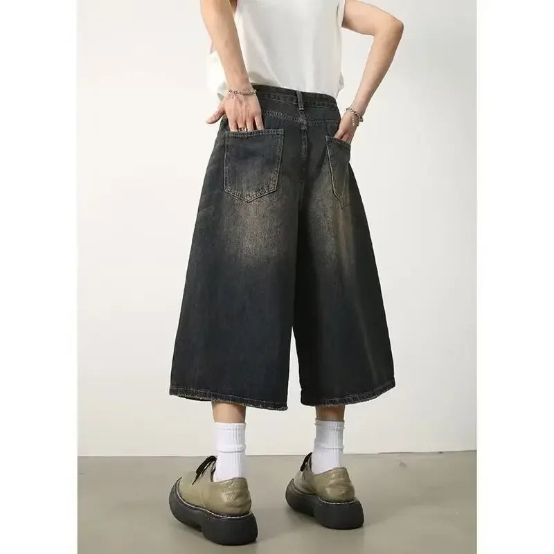 Retro Hong Kong Style Men's Loose Wide Leg Jeans Shorts Hip Hop Style Summer New Slimming Seven-Point Pants Trendy Casual Shorts