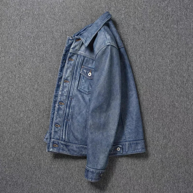 New Navy Blue Top Layer Cowhide Genuine Leather Jacket Men's Short Slim Fit Retro Motorcycle Lapel Casual Jacket Trendy