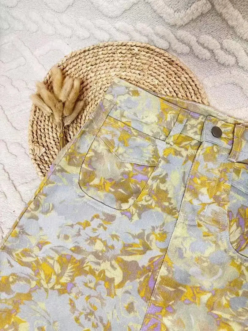 New High Waist 2025 American Retro Plant Flower Print Ladies Commuter Wide-leg Jeans Youthful and Beautiful Out of The Street