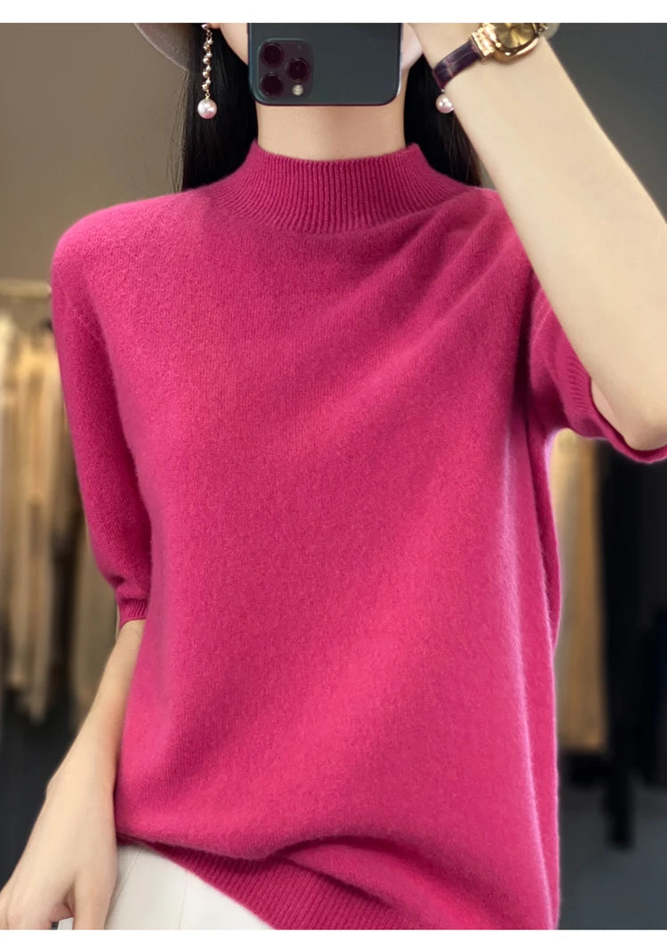 100% pure wool short sleeve summer new women's semi-high neck pullover blouse loose knit vest fashion T-shirt