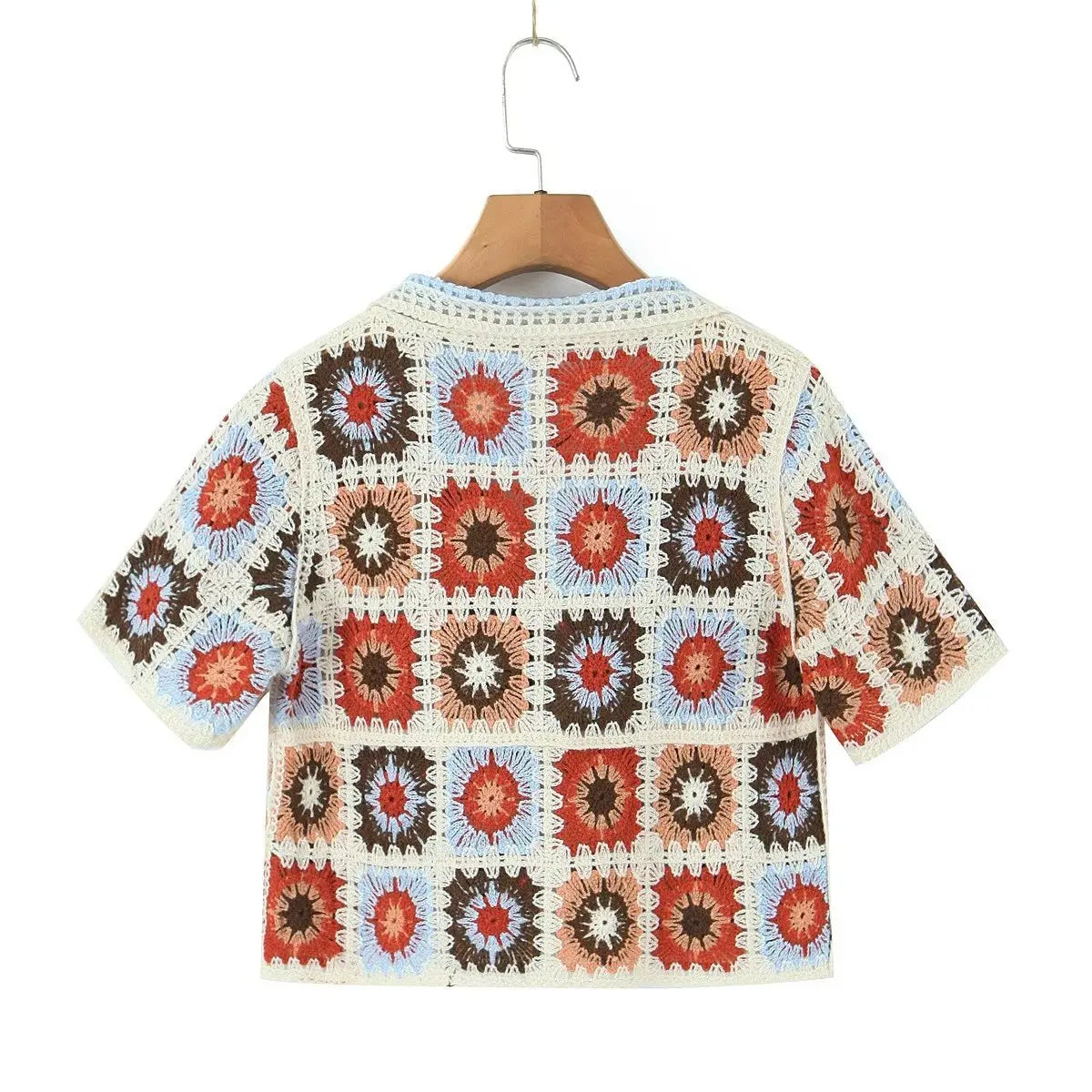 Granny Square Crochet Top Short Sleeve Collared Sheer Open-knit Button-up Crop Blouse Women Teengirl Boho Vacation Summer Outfit