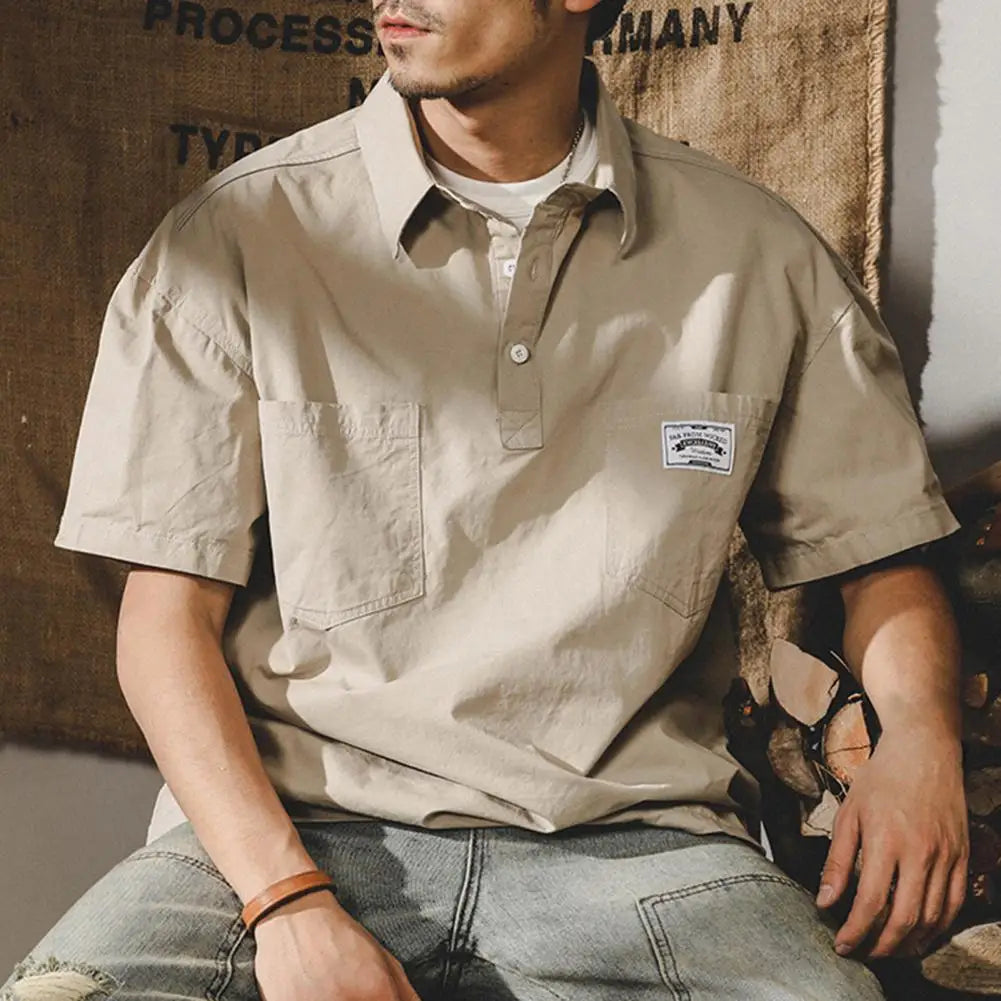 Man Shirts Summer Cargo Shirt American Retro Loose Short Sleeves Lapel Men Tops Work Shirt Multi Pockets Half Sleeve Casual Tops