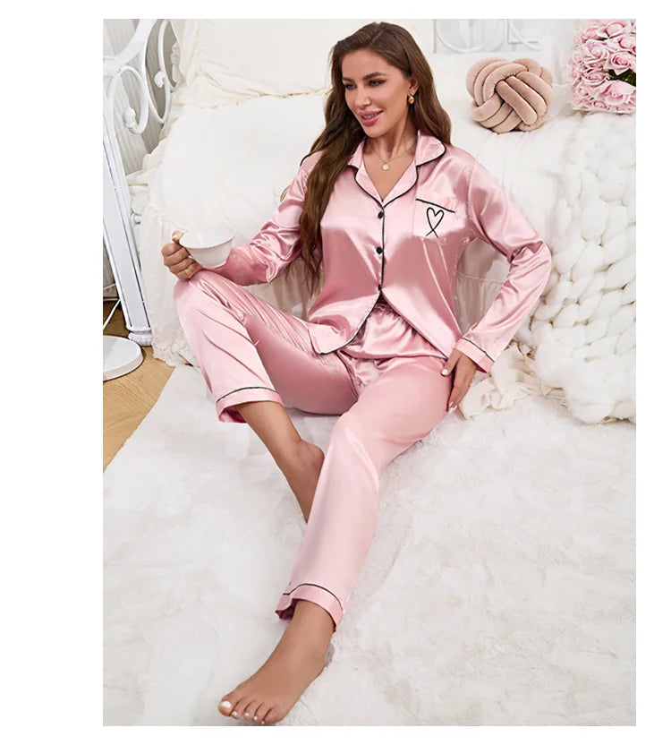 Women's Home Clothes Satin Pajama Autumn Long Sleeve Pocket Heart-shaped Embroidery Tops & Pants Pyjama Femme Loungewear Pj Set