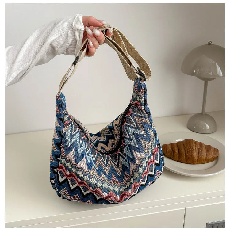 Wave Pattern Design Crossbody Bag for Women New Large Capacity Canvas Shoulder Bag Versatile College Students Dumplings Bag