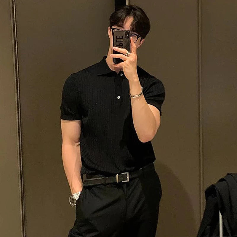 New Men Korean Style Polo Shirt Luxury Leisure Knited T-shirt Casual Striped Solid Color Short Sleeve Breathable Retro Knitwear