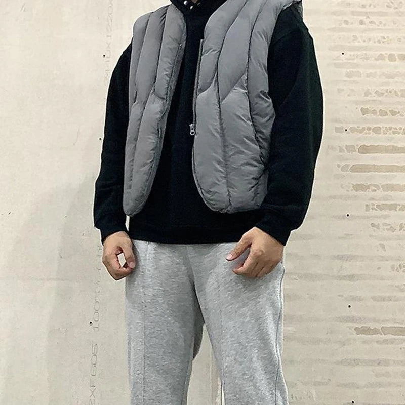 Linear Split Silhouette Autumn Winter Tops for Men Warm Loose High Street Padded Waistcoat Deconstructed Vibe Nylon Zipper Vest