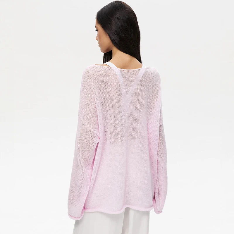 MSCSZ Red Long Sleeve Oversized Sweater Women Transparent Knitted Sweater 2025 Spring Autumn Cozy Sweaters Pullover Tops