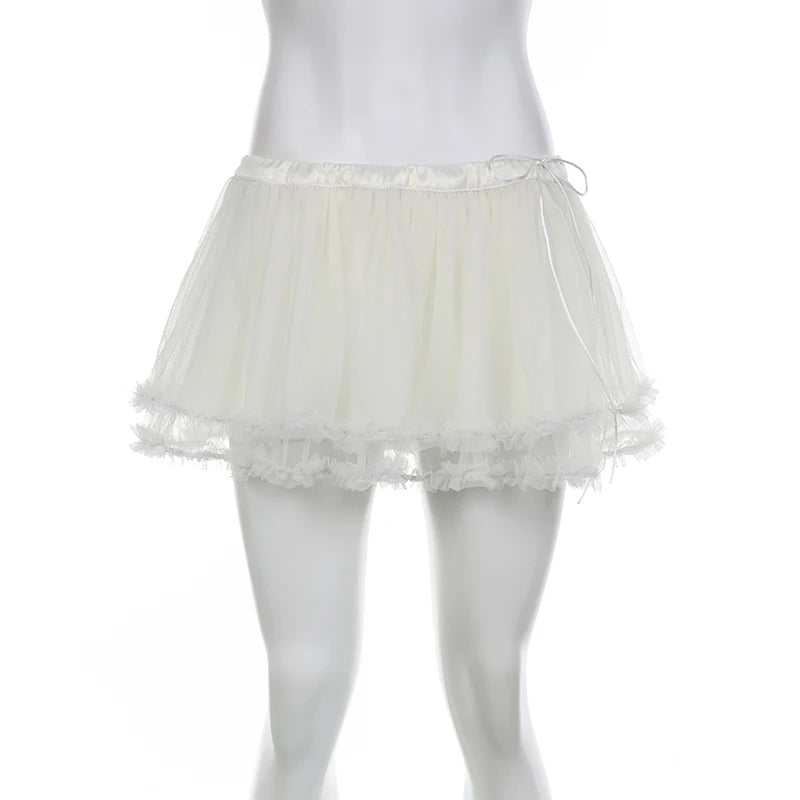 IAMHOTTY Tiered Ruffle Tulle Mesh Skirt y2k Aesthetic Lace-up Low Waist A-line Mini Skirts Fairycore Kawaii Coquette Outfit 2023