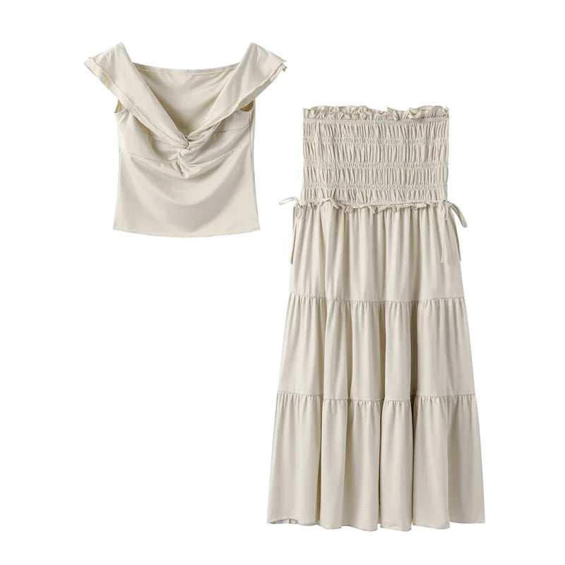 Fashion Solid Folds Long Skirt Sets For Women Summer Sexy Off Shoulder V-neck Cropped Tops High Waist Long Skirts 2 Pieces Sets