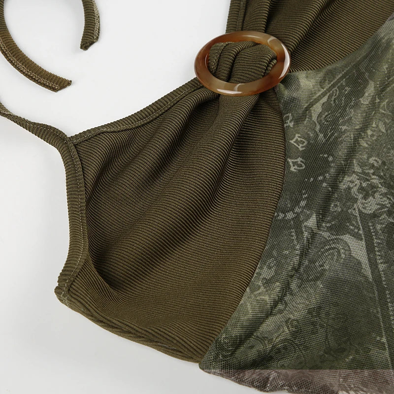 Sweetown Retro Forest Green Vintage Print Boho Y2K Camisole Backless Halter Tie Asymmetrical Tops Women Summer Vacation Clothing