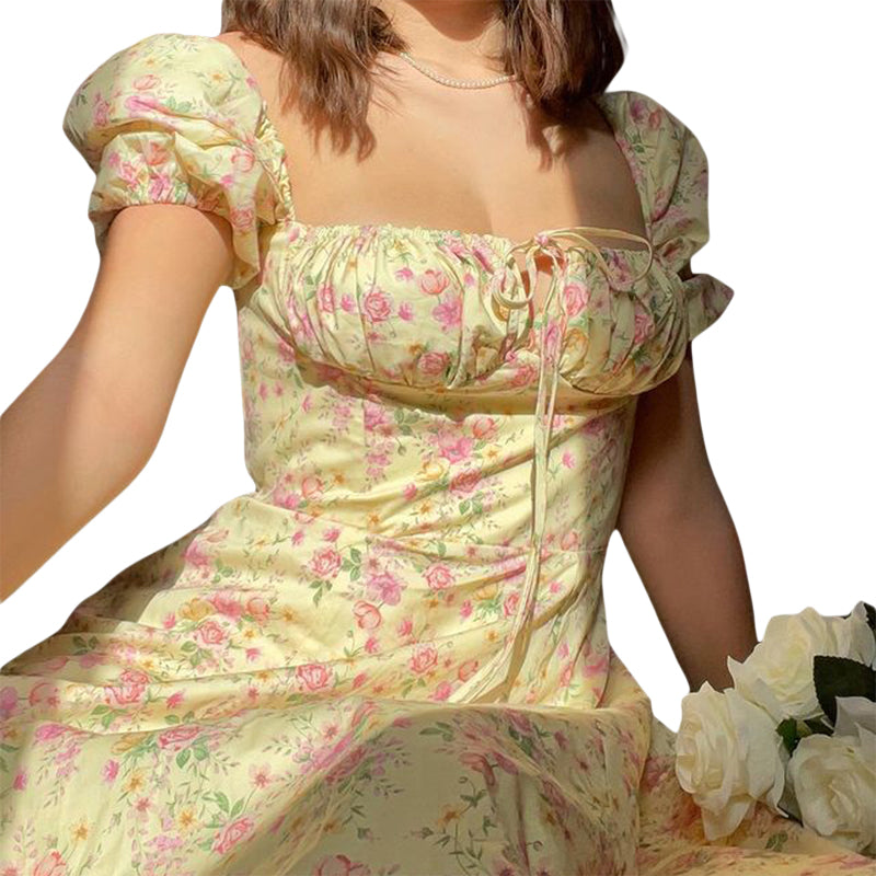 Elegant Women s Maxi Dress with Puff Sleeves Lace-Up Detail Floral Print and High Side Split for a Stylish Look