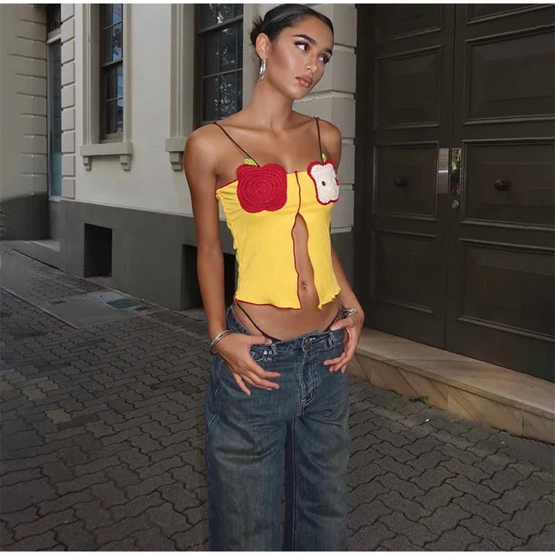 Rib Embroidery Split Tank Top Women Sleeveless Backless Slim Contrast Color Strap Party Vest Summer 2025 Fashion Lady Tops