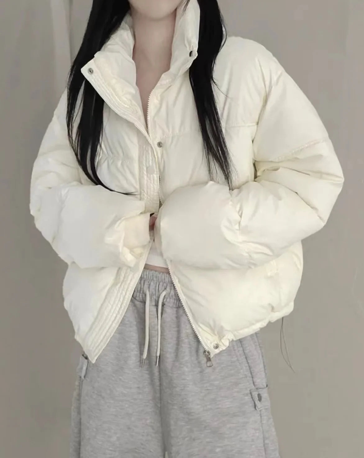 Women's Cotton Jaet 2024 New Winter ort Faion Stand Collar Bread Sle Warmth Outerwear Korean Loose Fit Zipper Closure