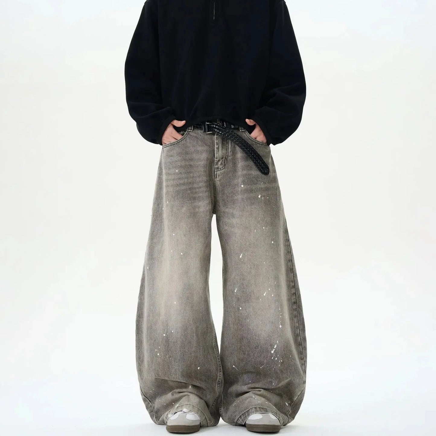 Retro American Washed Grey Splatter Ink Wide Leg Loose Jeans Men's Brand Street Style Loose Trousers Casual Straight Cut
