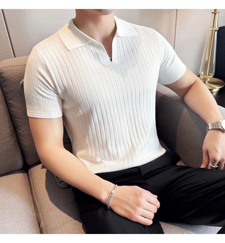 Men Striped Polo Shirt 2025 Summer Light Thin Breathable Solid Casual Elastic Slim Fit Short Sleeved V-neck T-shirt Men Clothing