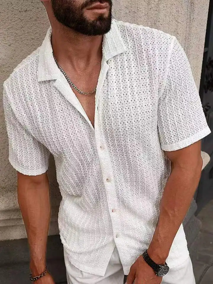 Men's Casual Knit Shirt Summer New Solid Color Turn-down Collar Hollow Breathable Short Sleeve Top